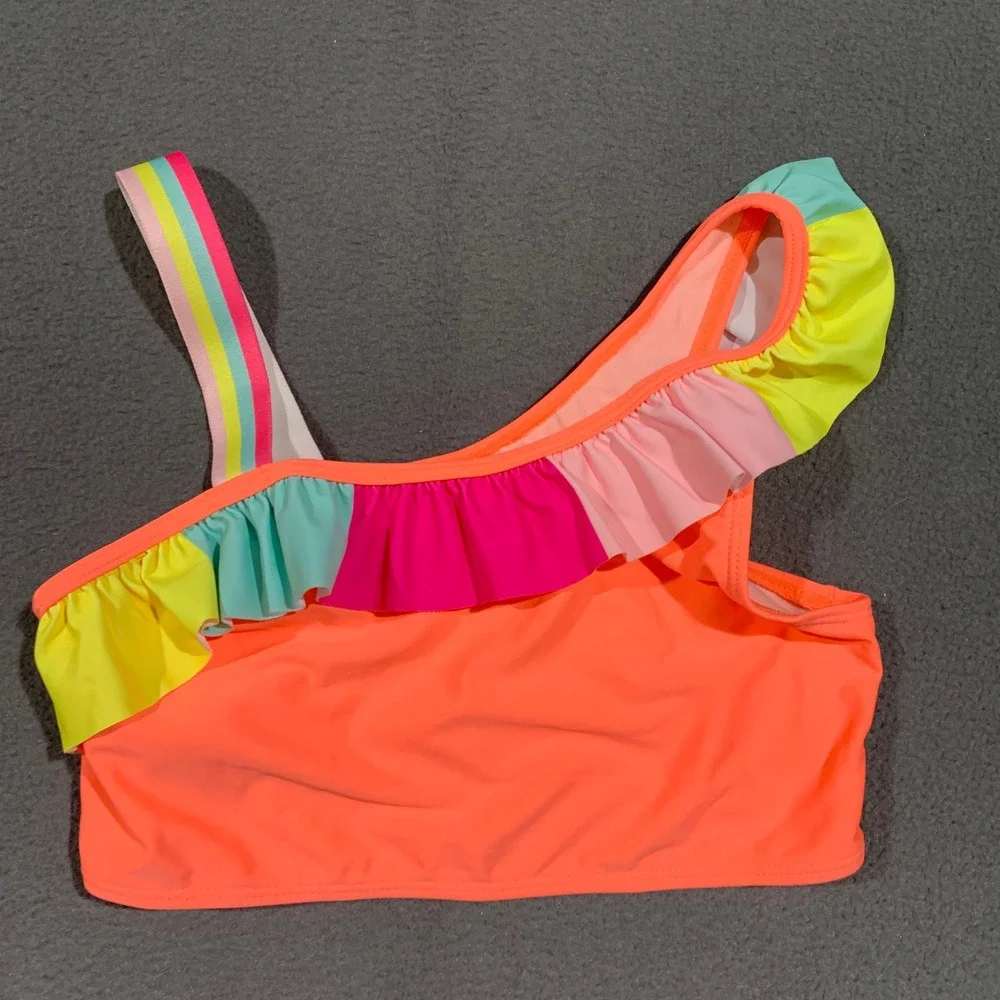 Unbranded Bikini Girls Size 12 Neon Orange Aqua Ruffle One Shoulder Swimsuit